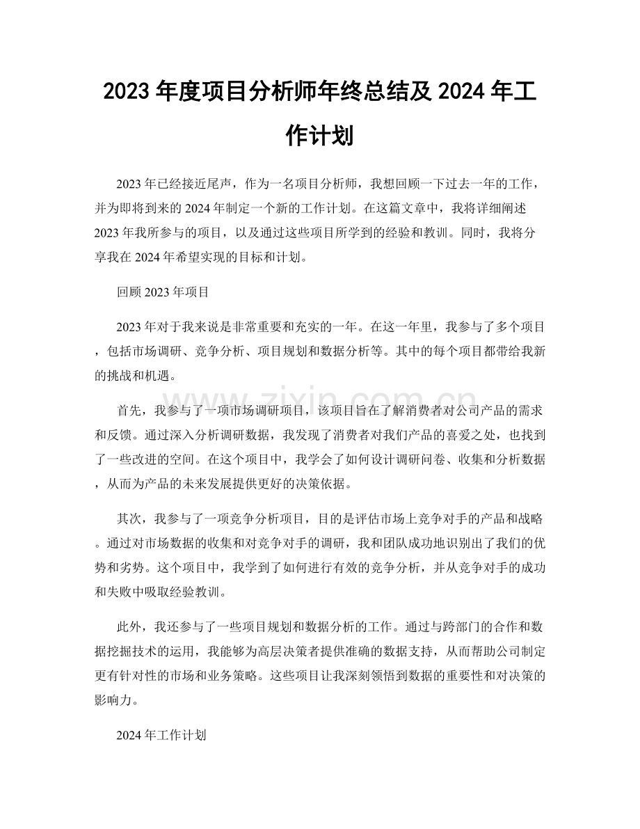 2023年度项目分析师年终总结及2024年工作计划.docx_第1页