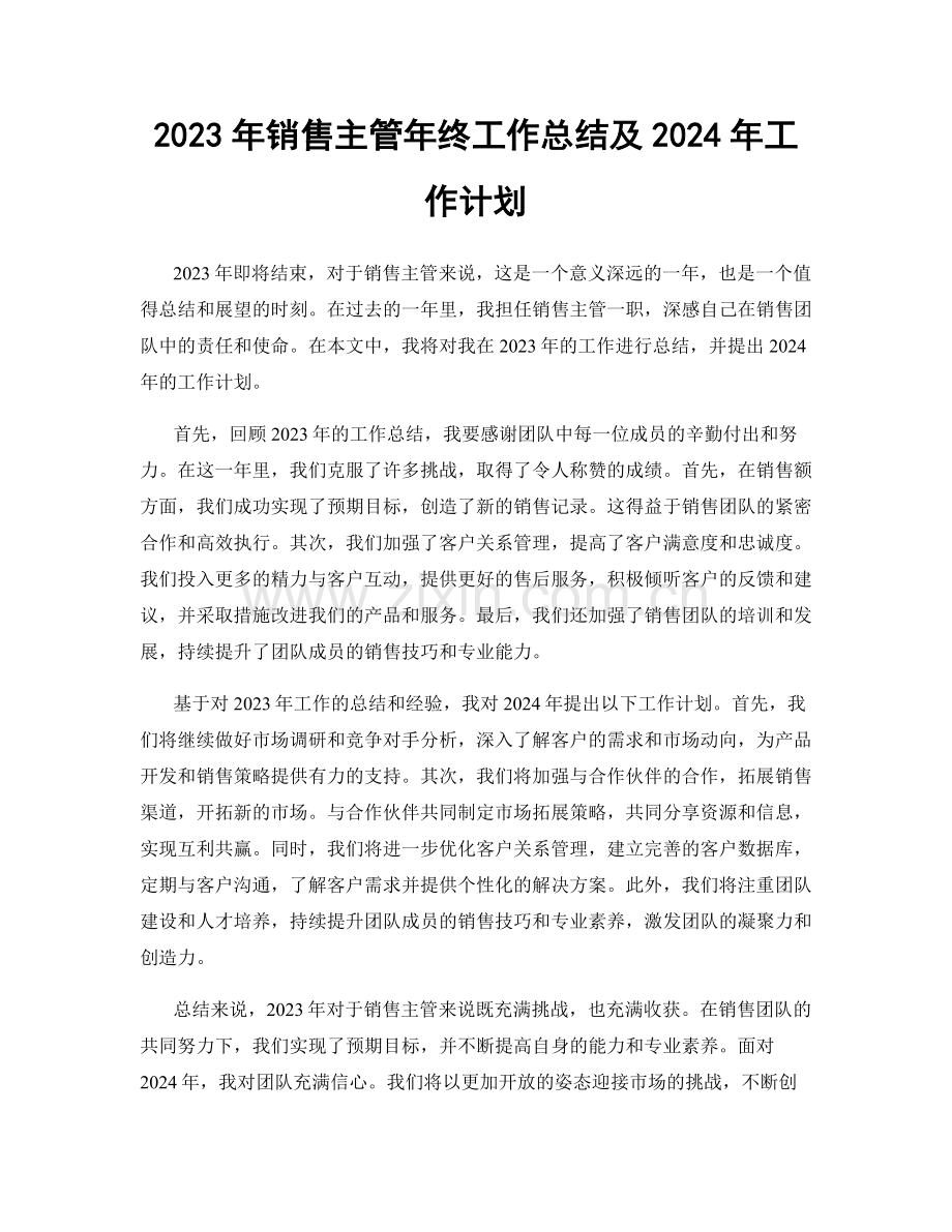 2023年销售主管年终工作总结及2024年工作计划.docx_第1页