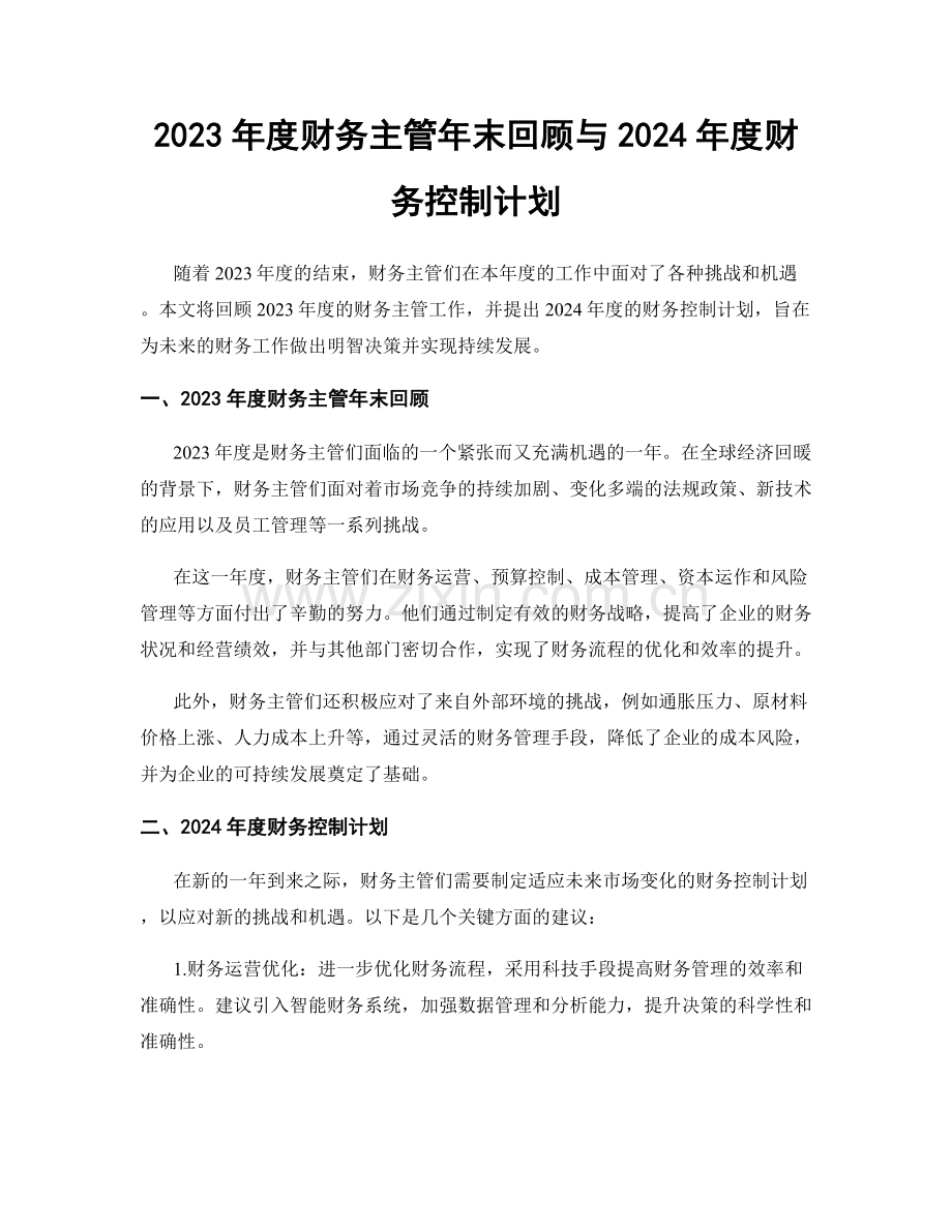 2023年度财务主管年末回顾与2024年度财务控制计划.docx_第1页