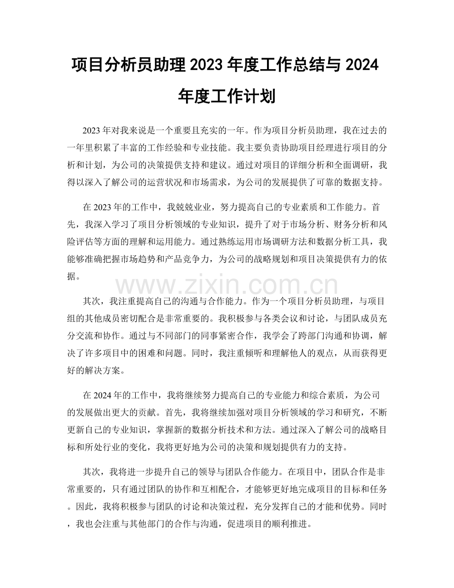 项目分析员助理2023年度工作总结与2024年度工作计划.docx_第1页