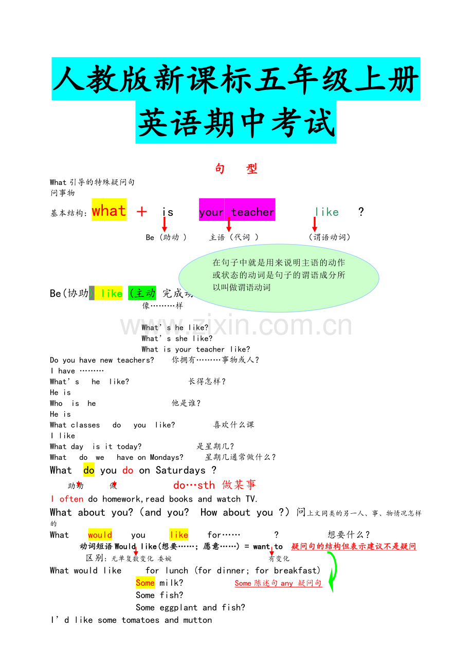 五年级上册英语期中考试复习资料.doc_第1页