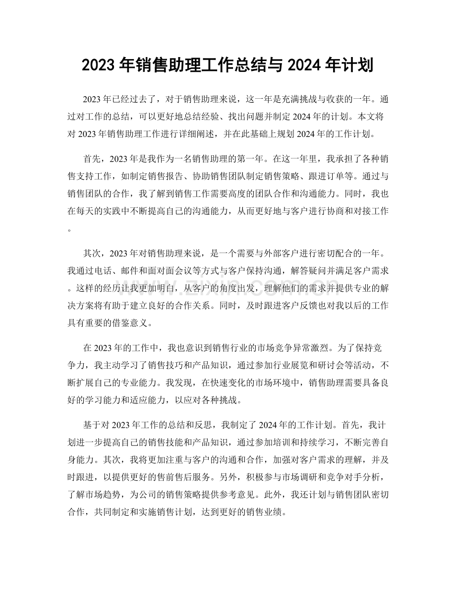 2023年销售助理工作总结与2024年计划.docx_第1页