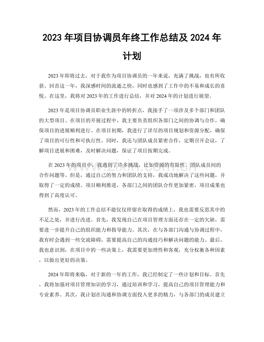 2023年项目协调员年终工作总结及2024年计划.docx_第1页