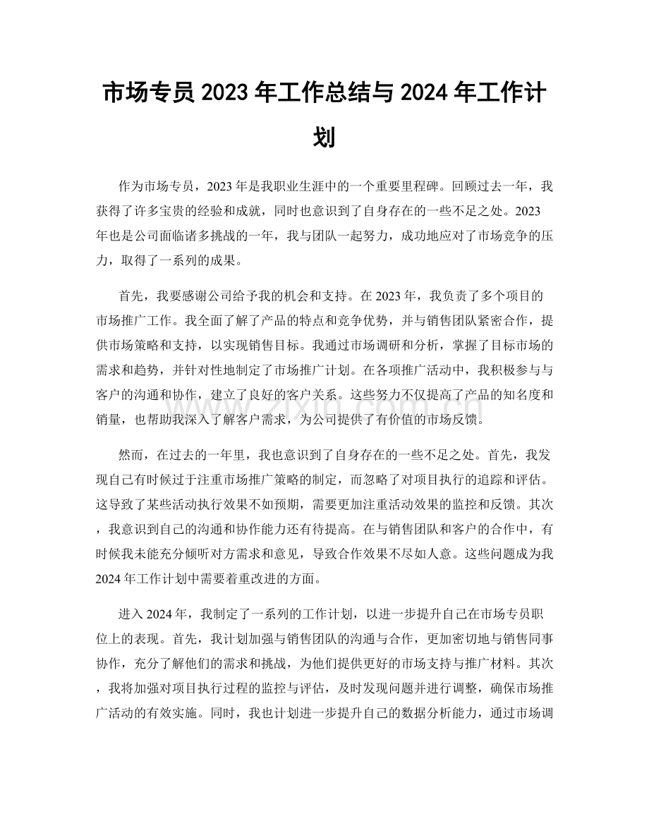 市场专员2023年工作总结与2024年工作计划.docx_第1页