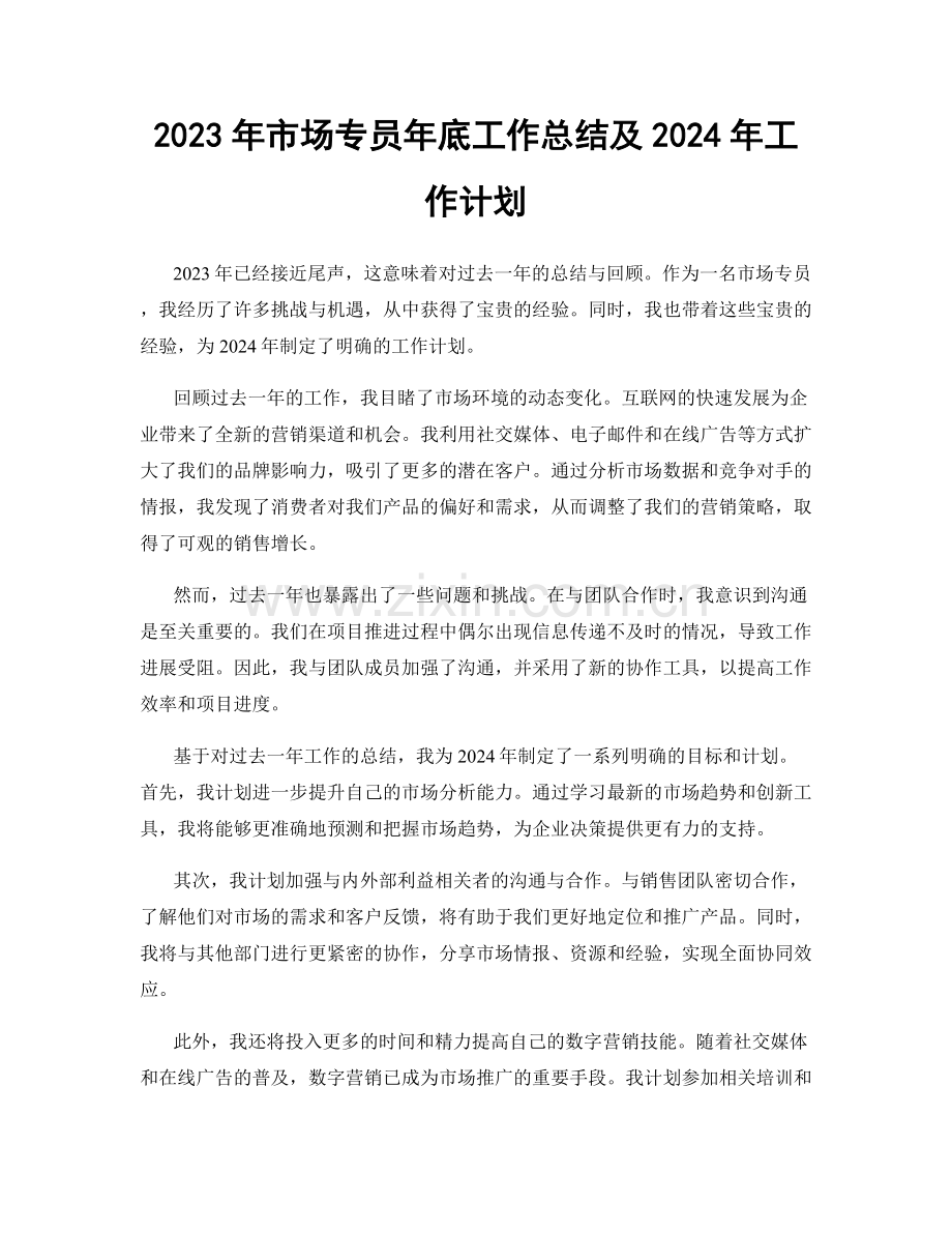 2023年市场专员年底工作总结及2024年工作计划.docx_第1页