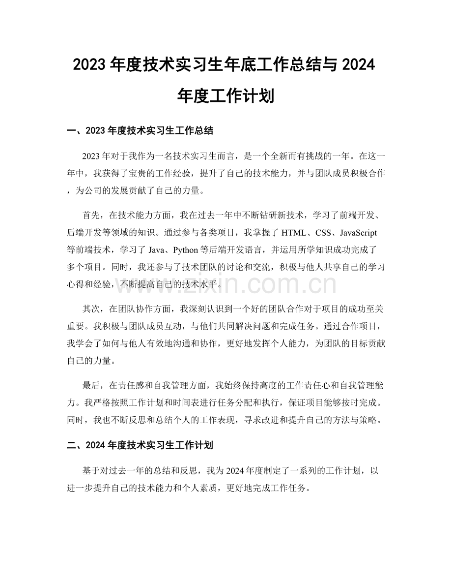 2023年度技术实习生年底工作总结与2024年度工作计划.docx_第1页