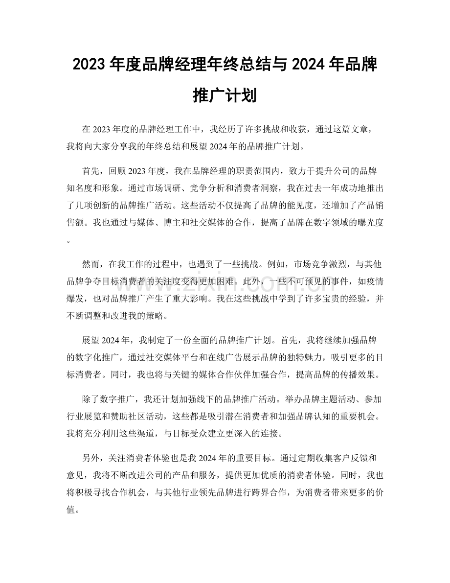 2023年度品牌经理年终总结与2024年品牌推广计划.docx_第1页