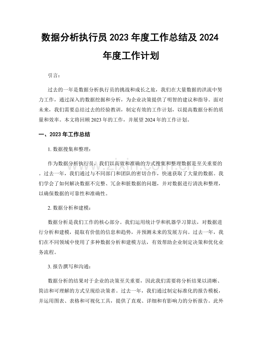 数据分析执行员2023年度工作总结及2024年度工作计划.docx_第1页