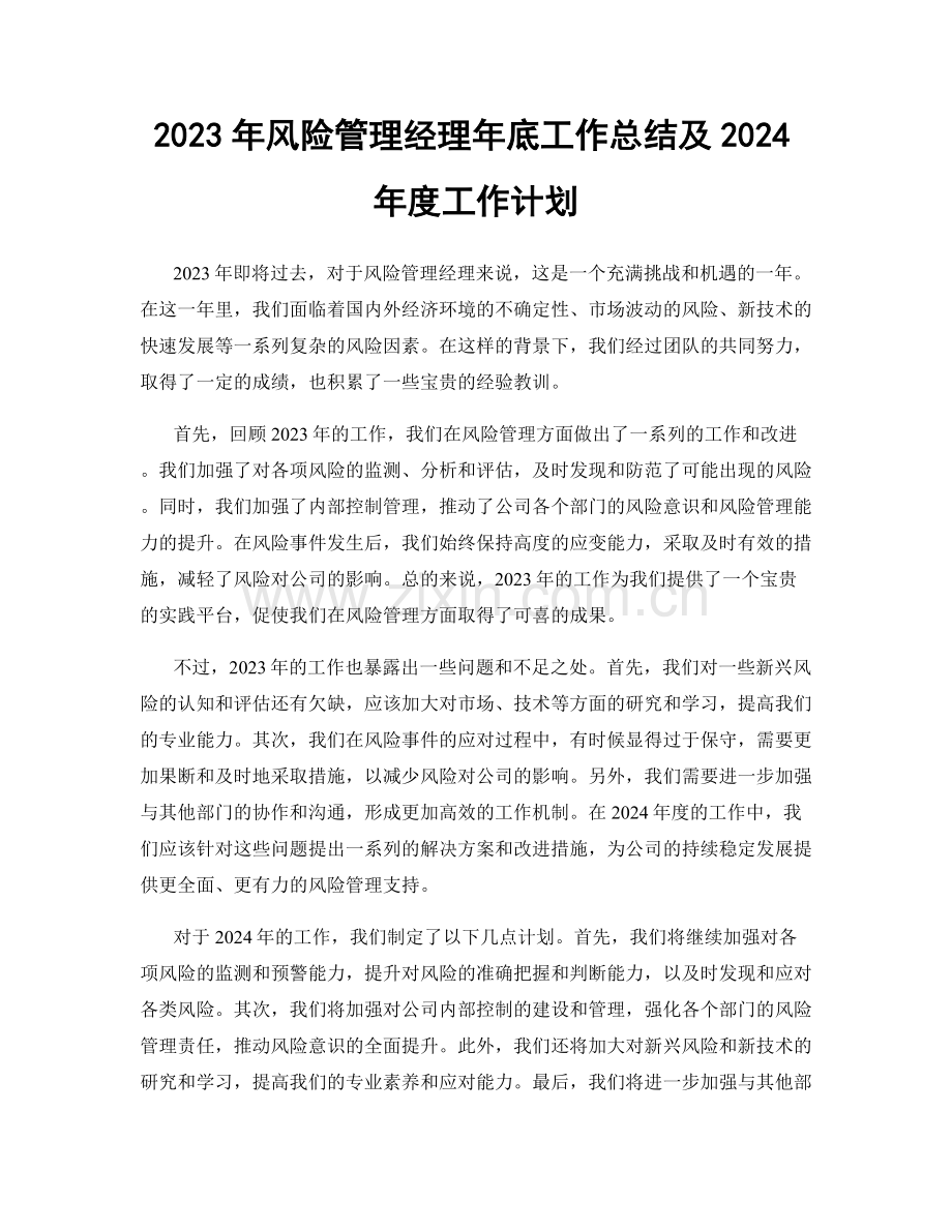 2023年风险管理经理年底工作总结及2024年度工作计划.docx_第1页