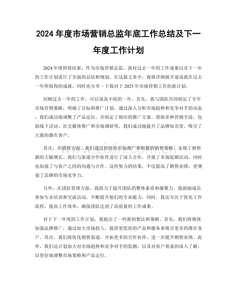 2024年度市场营销总监年底工作总结及下一年度工作计划.docx_第1页