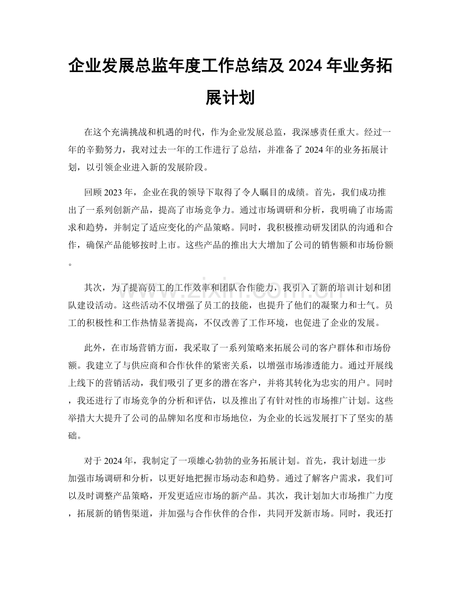 企业发展总监年度工作总结及2024年业务拓展计划.docx_第1页