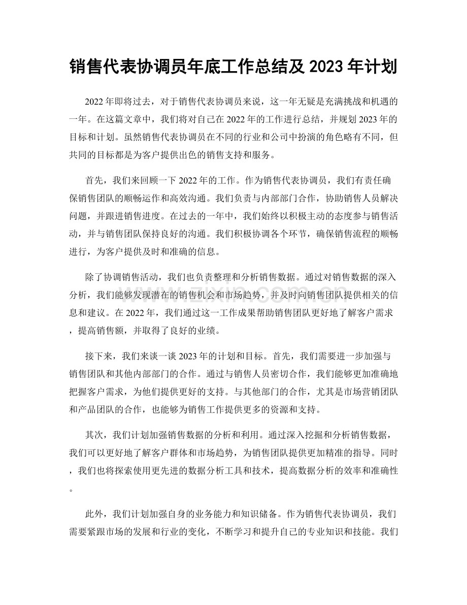 销售代表协调员年底工作总结及2023年计划.docx_第1页