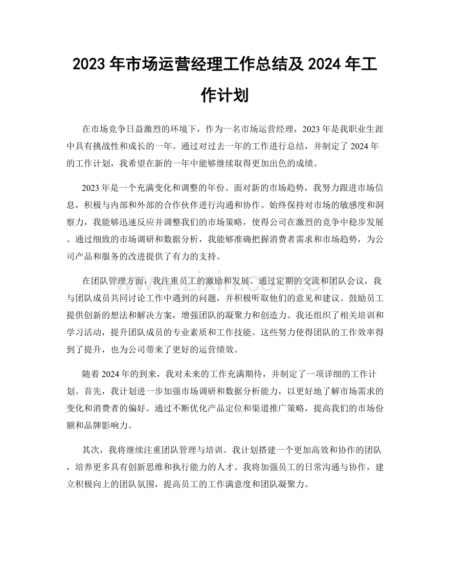 2023年市场运营经理工作总结及2024年工作计划.docx_第1页