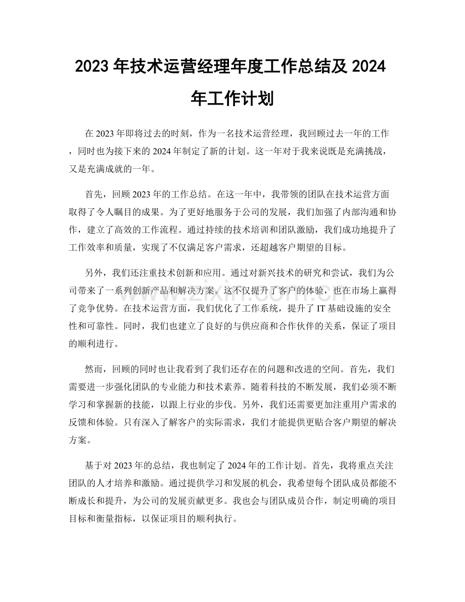 2023年技术运营经理年度工作总结及2024年工作计划.docx_第1页