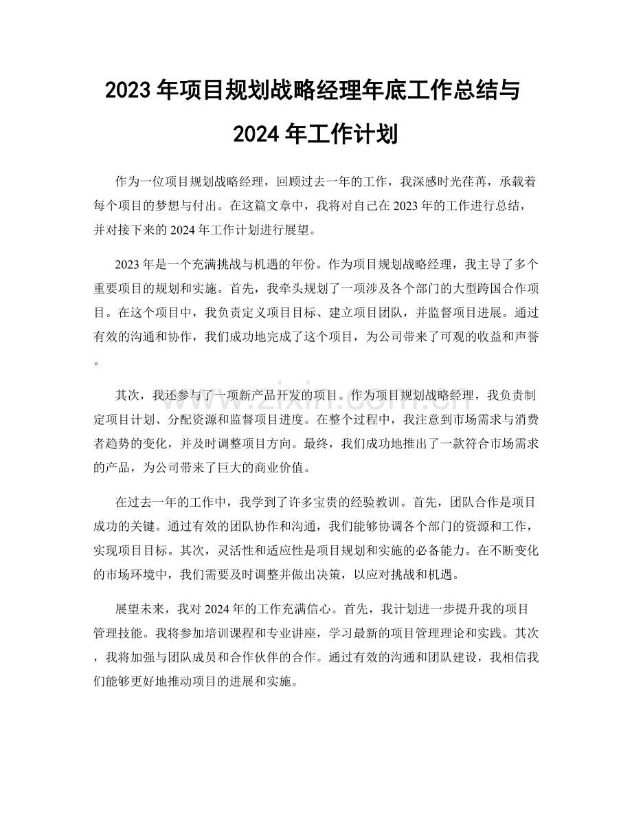 2023年项目规划战略经理年底工作总结与2024年工作计划.docx_第1页