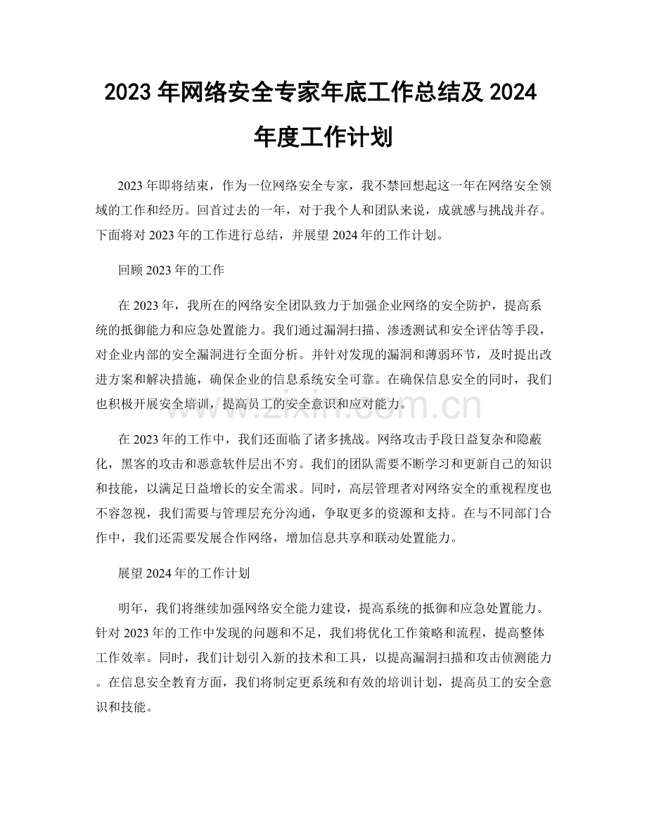 2023年网络安全专家年底工作总结及2024年度工作计划.docx_第1页