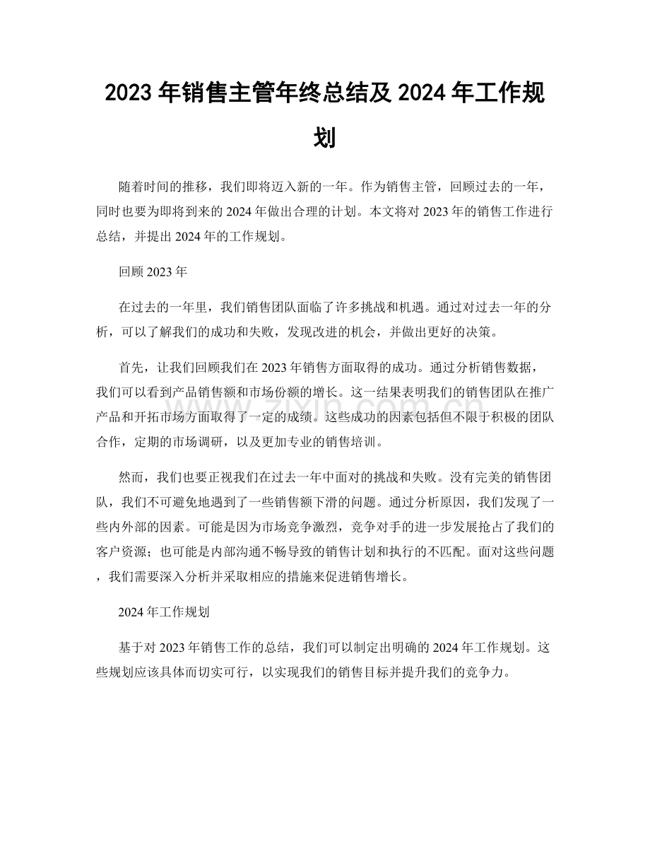 2023年销售主管年终总结及2024年工作规划.docx_第1页