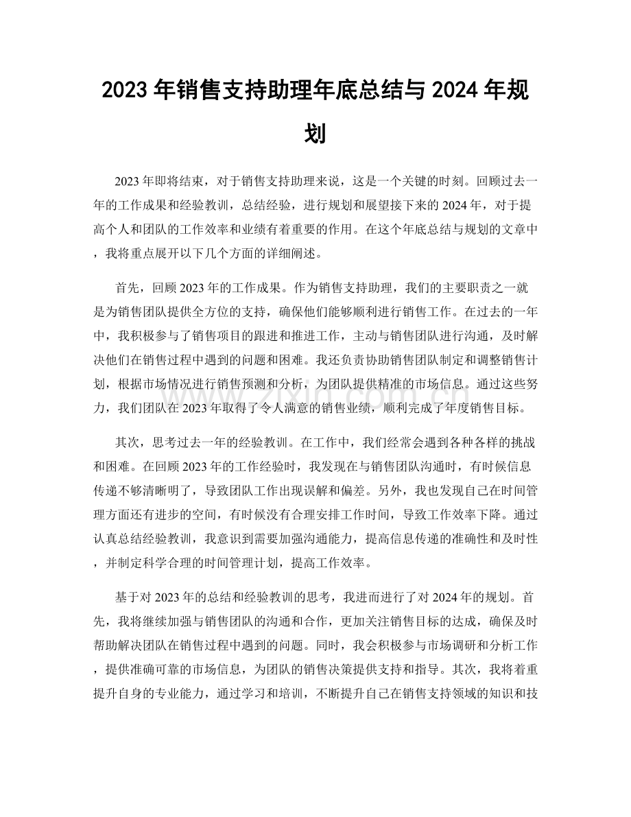 2023年销售支持助理年底总结与2024年规划.docx_第1页