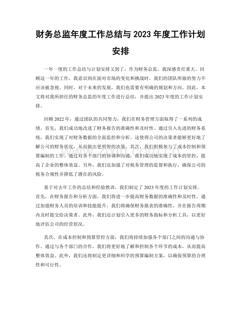 财务总监年度工作总结与2023年度工作计划安排.docx_第1页