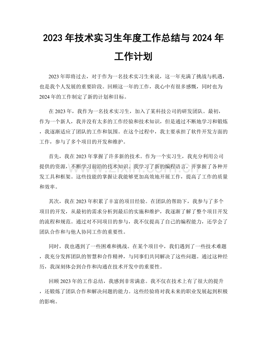 2023年技术实习生年度工作总结与2024年工作计划.docx_第1页