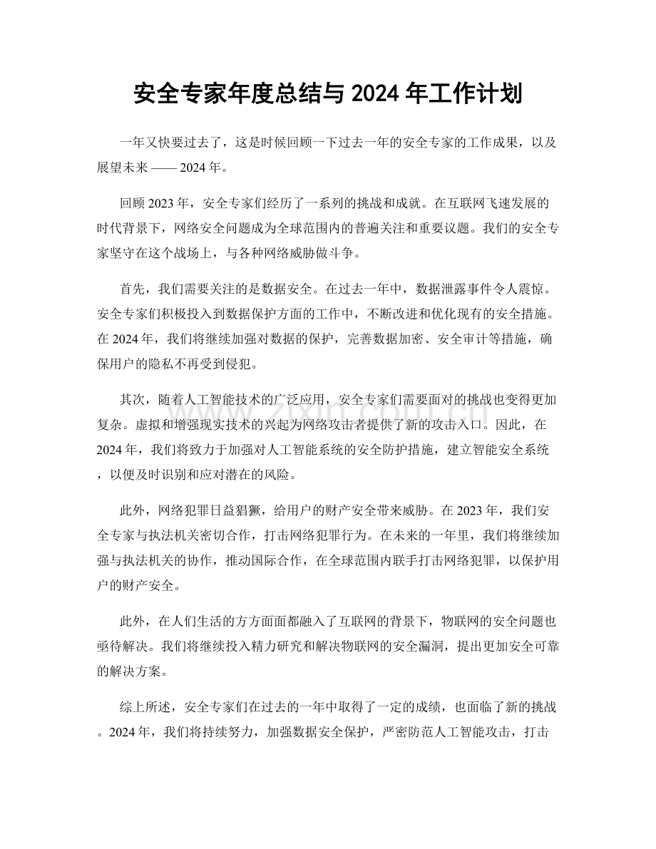 安全专家年度总结与2024年工作计划.docx_第1页