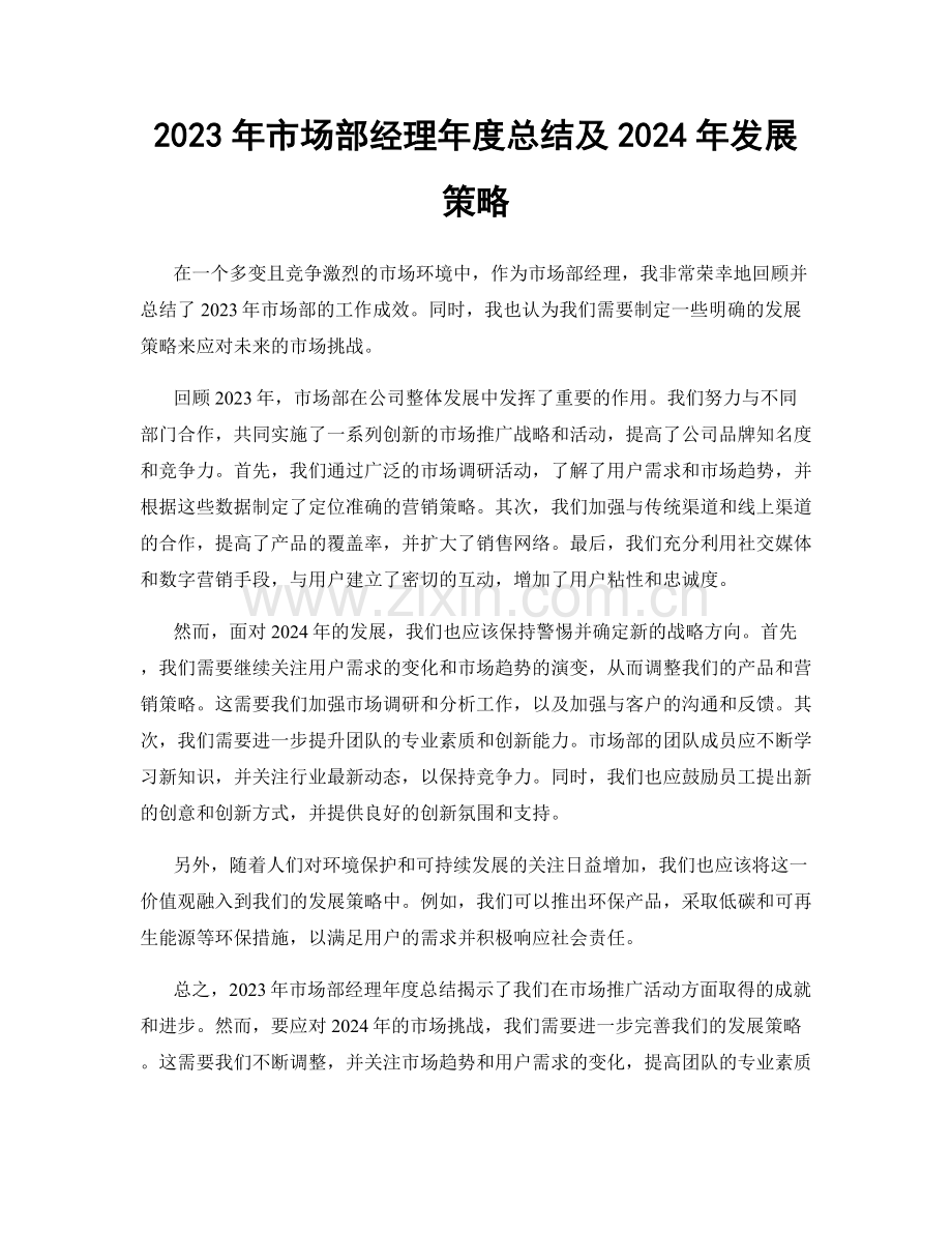 2023年市场部经理年度总结及2024年发展策略.docx_第1页