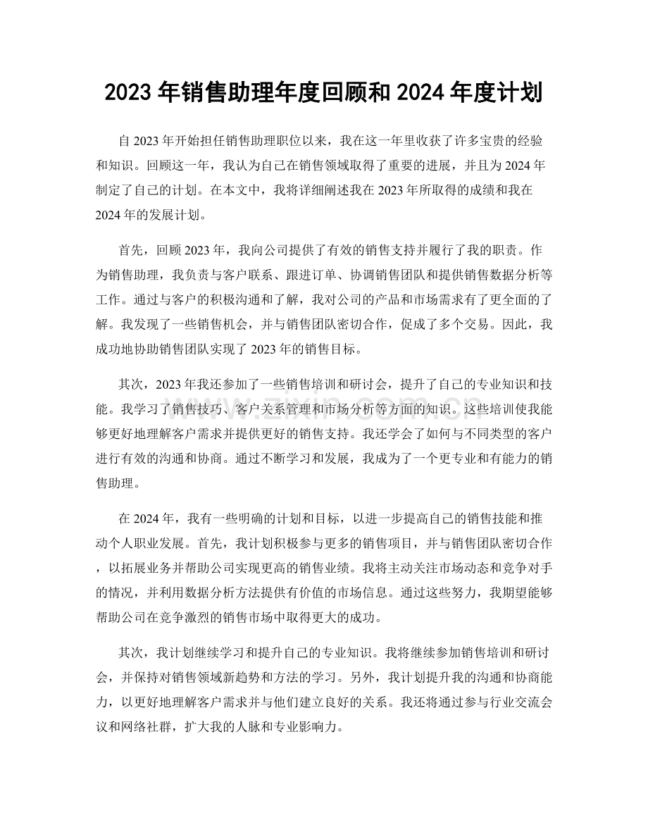 2023年销售助理年度回顾和2024年度计划.docx_第1页