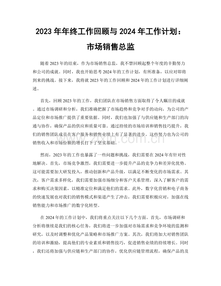 2023年年终工作回顾与2024年工作计划：市场销售总监.docx_第1页