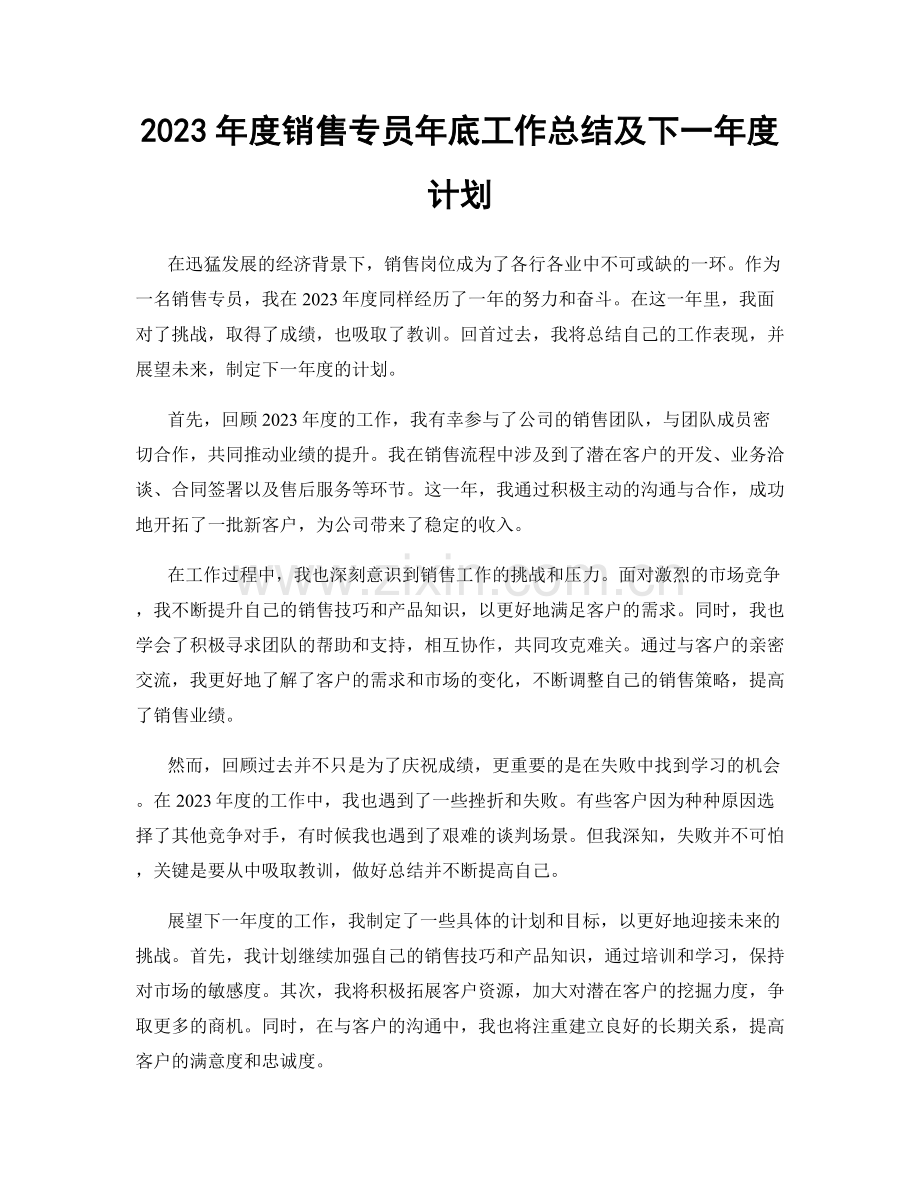 2023年度销售专员年底工作总结及下一年度计划.docx_第1页