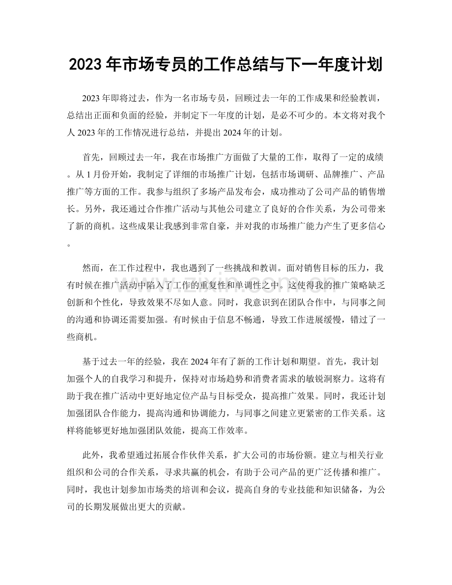 2023年市场专员的工作总结与下一年度计划.docx_第1页