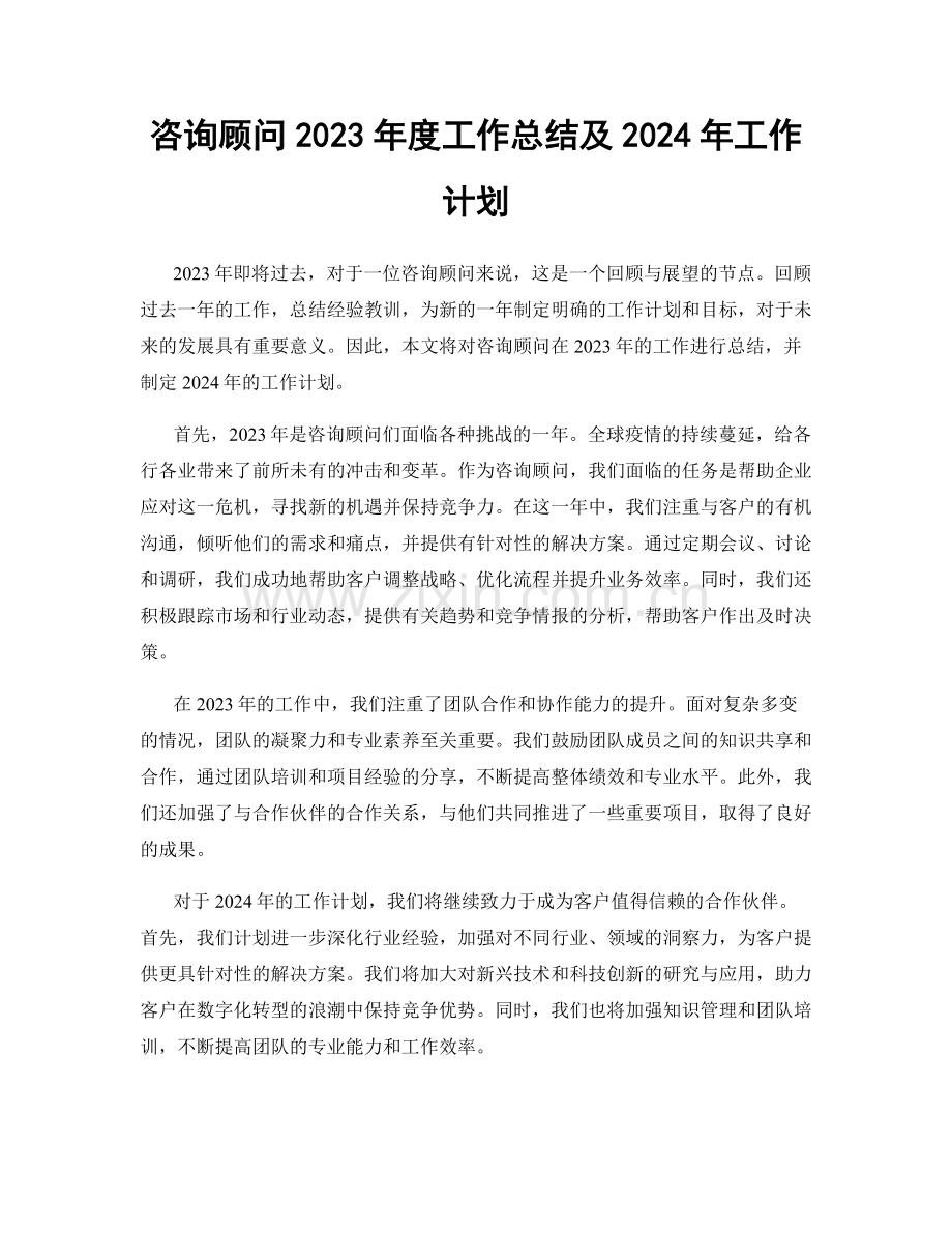 咨询顾问2023年度工作总结及2024年工作计划.docx_第1页