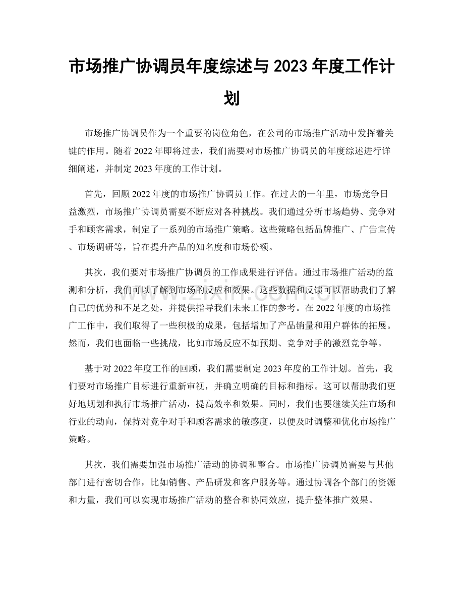 市场推广协调员年度综述与2023年度工作计划.docx_第1页