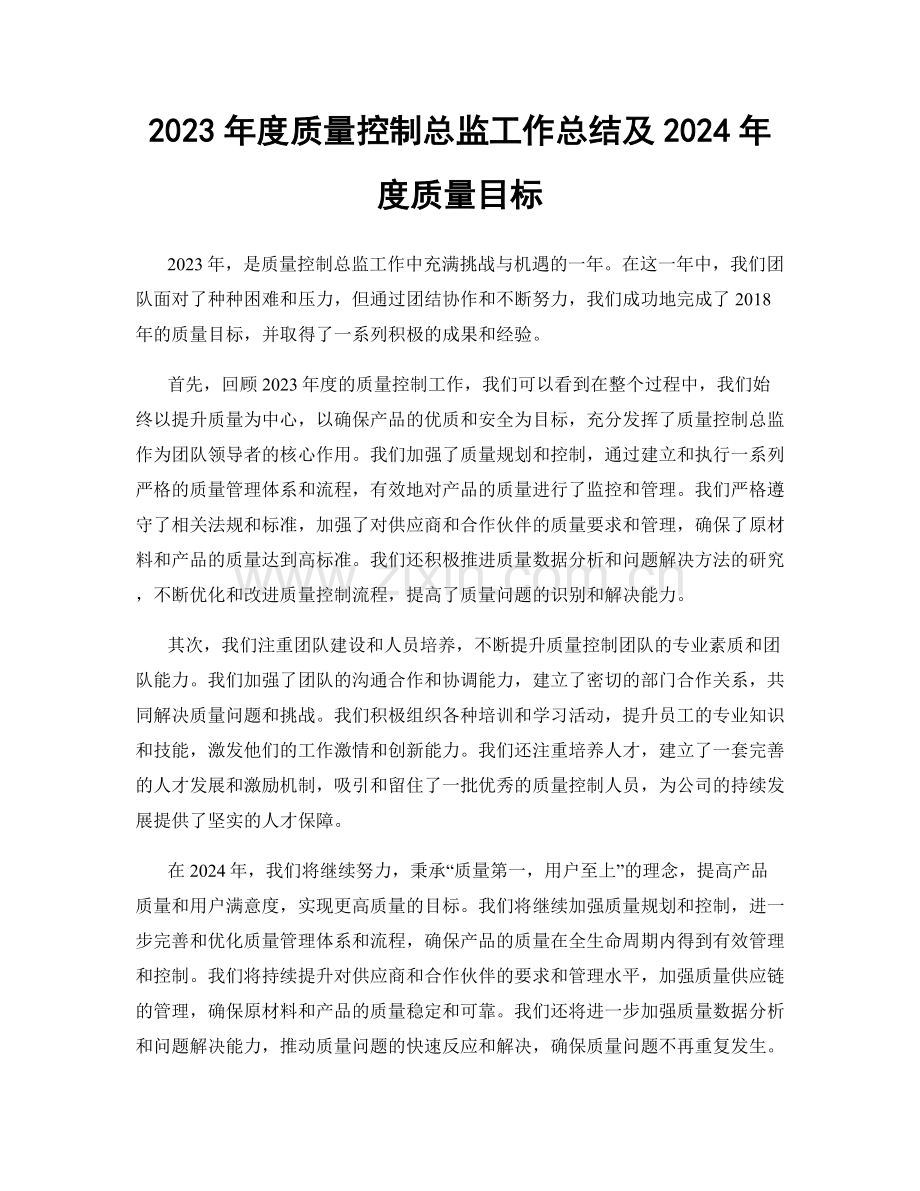 2023年度质量控制总监工作总结及2024年度质量目标.docx_第1页