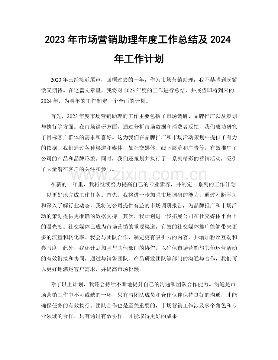 2023年市场营销助理年度工作总结及2024年工作计划.docx_第1页