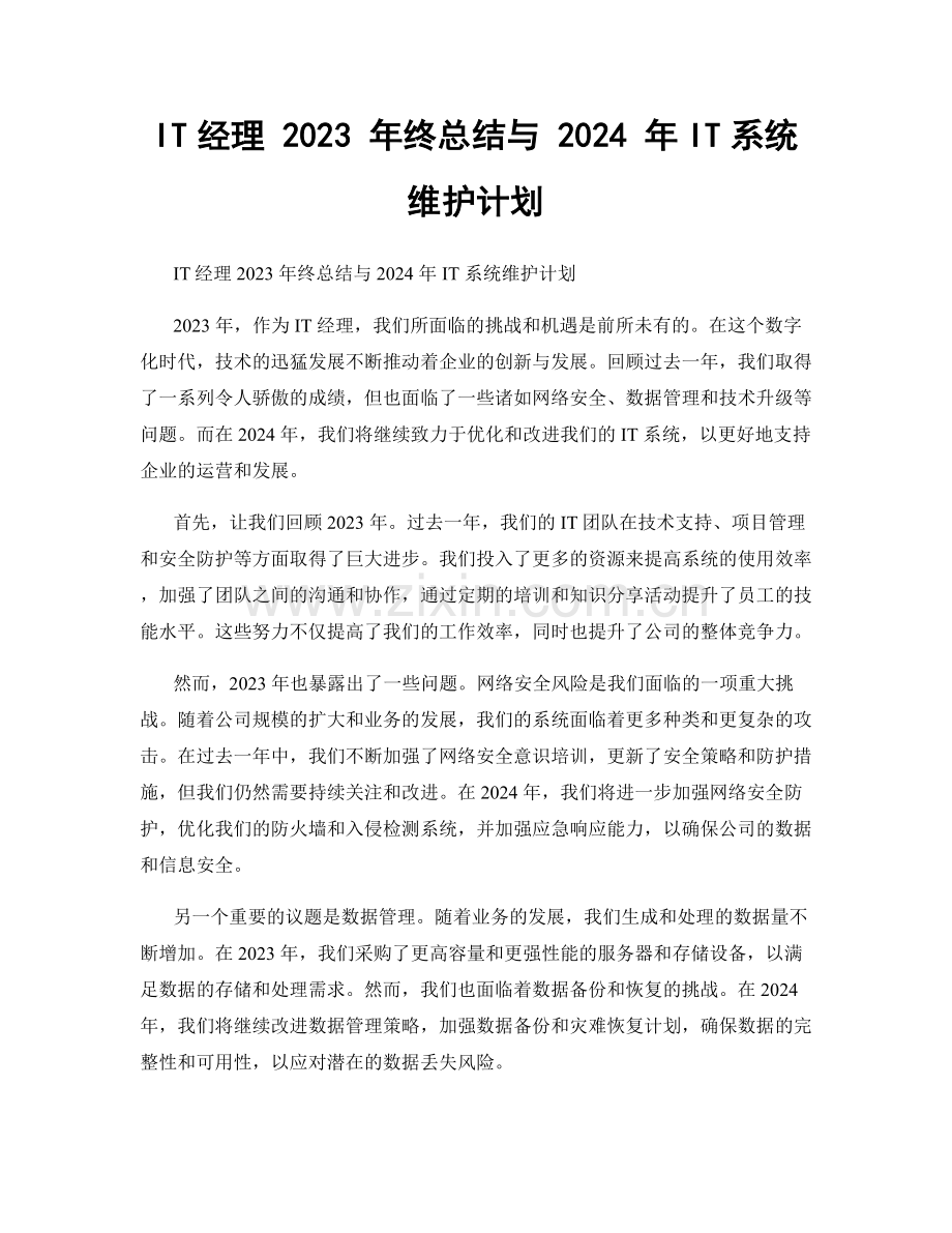 IT经理 2023 年终总结与 2024 年IT系统维护计划.docx_第1页