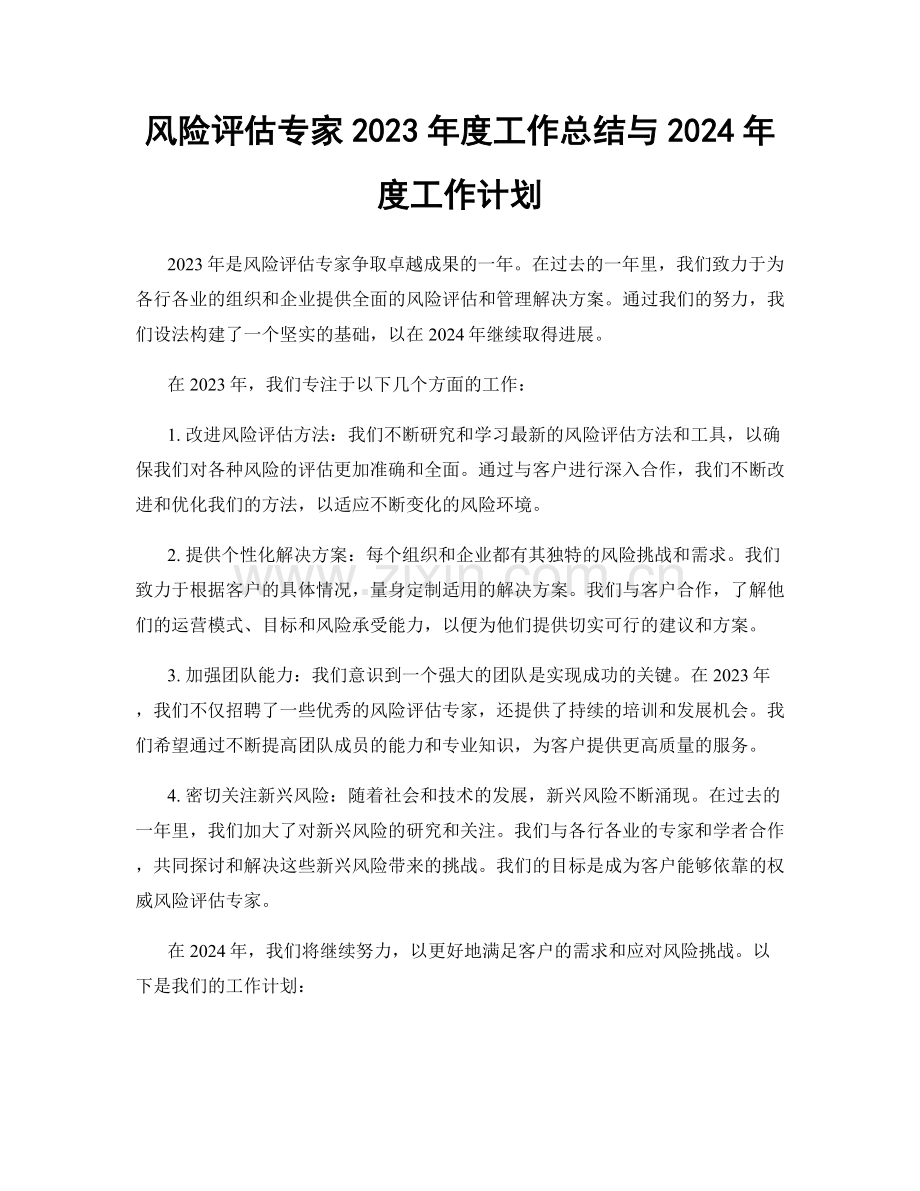 风险评估专家2023年度工作总结与2024年度工作计划.docx_第1页