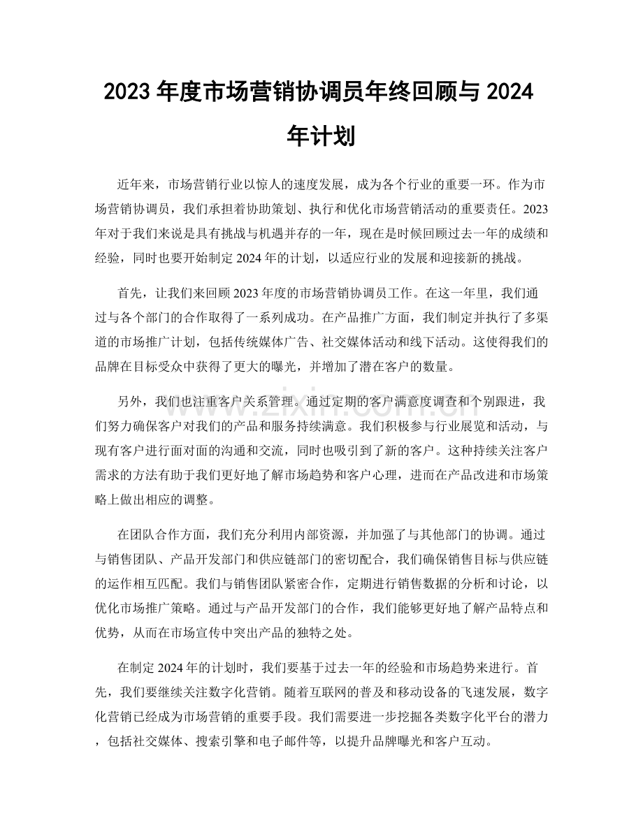 2023年度市场营销协调员年终回顾与2024年计划.docx_第1页