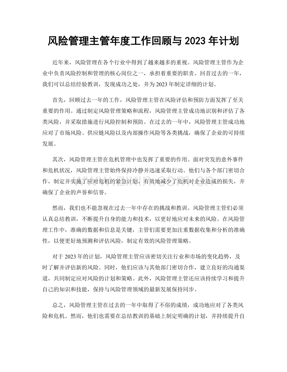 风险管理主管年度工作回顾与2023年计划.docx_第1页