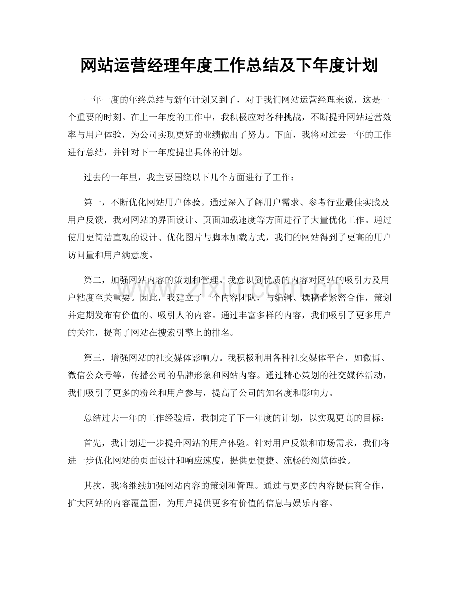 网站运营经理年度工作总结及下年度计划.docx_第1页