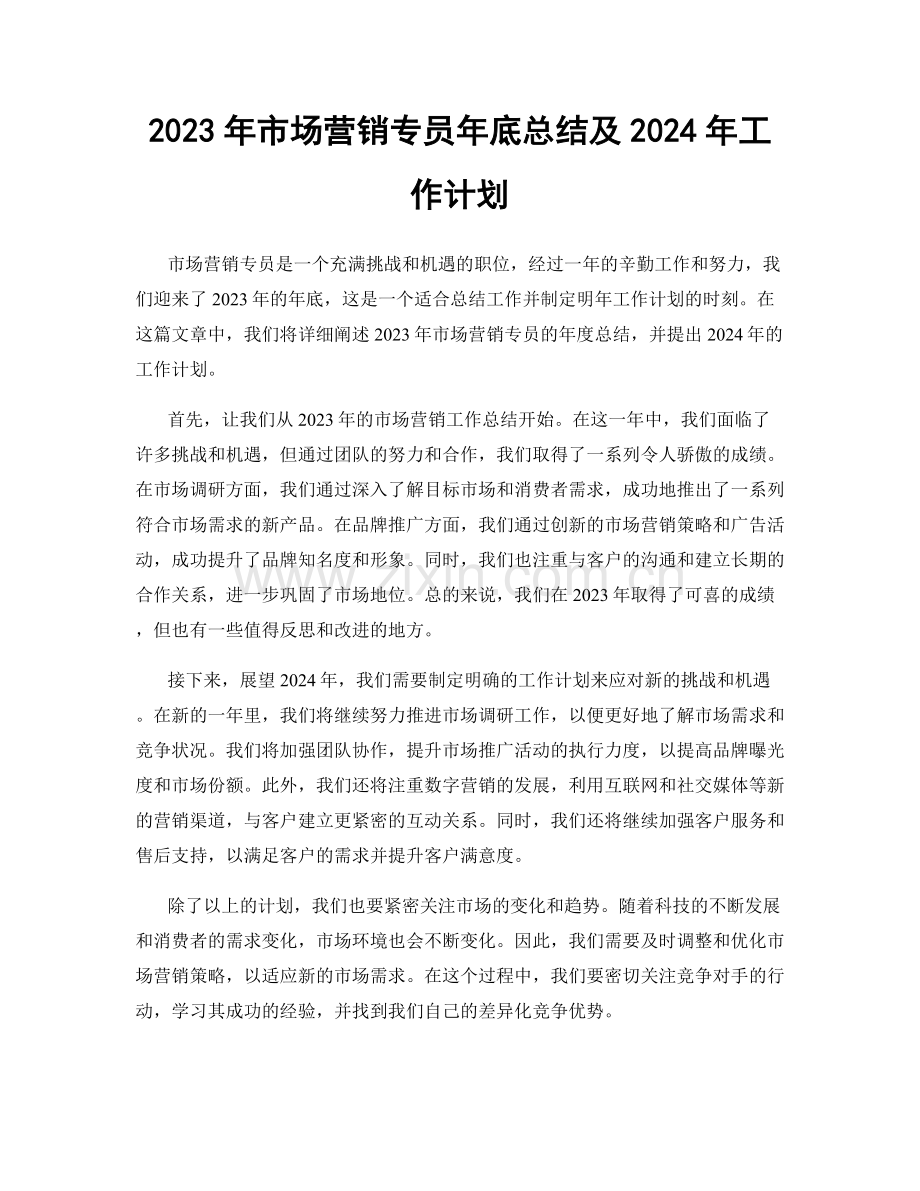 2023年市场营销专员年底总结及2024年工作计划.docx_第1页