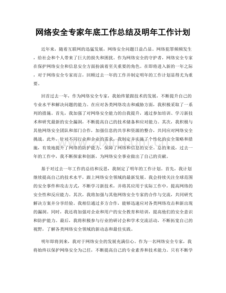 网络安全专家年底工作总结及明年工作计划.docx_第1页