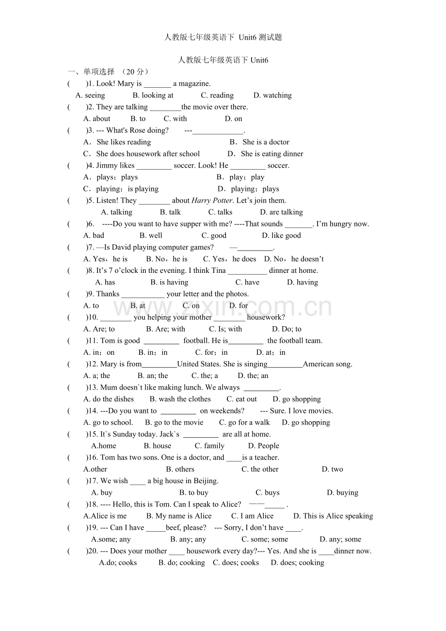 人教版七年级英语下-Unit6测试题.doc_第1页