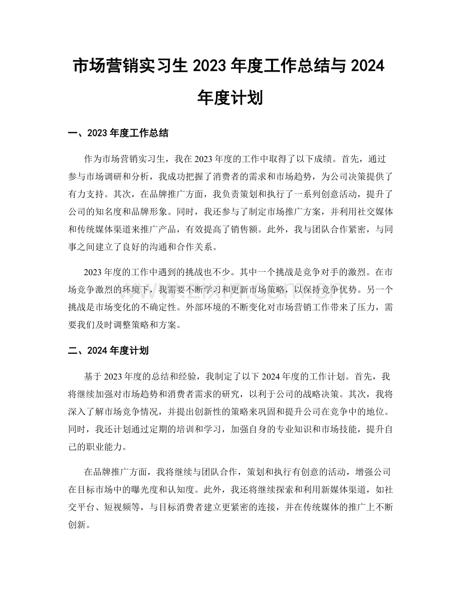 市场营销实习生2023年度工作总结与2024年度计划.docx_第1页