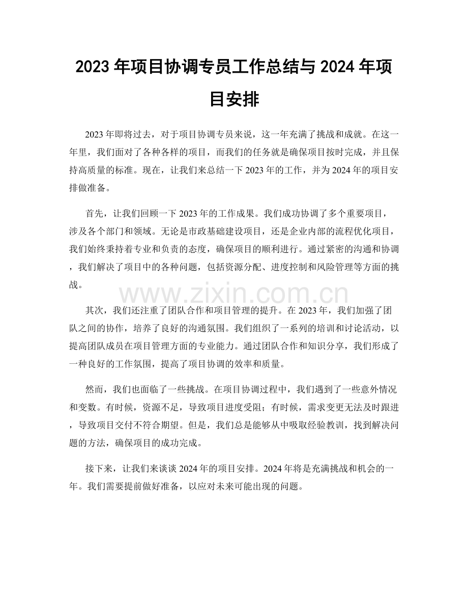 2023年项目协调专员工作总结与2024年项目安排.docx_第1页