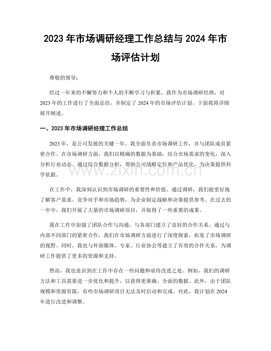 2023年市场调研经理工作总结与2024年市场评估计划.docx_第1页