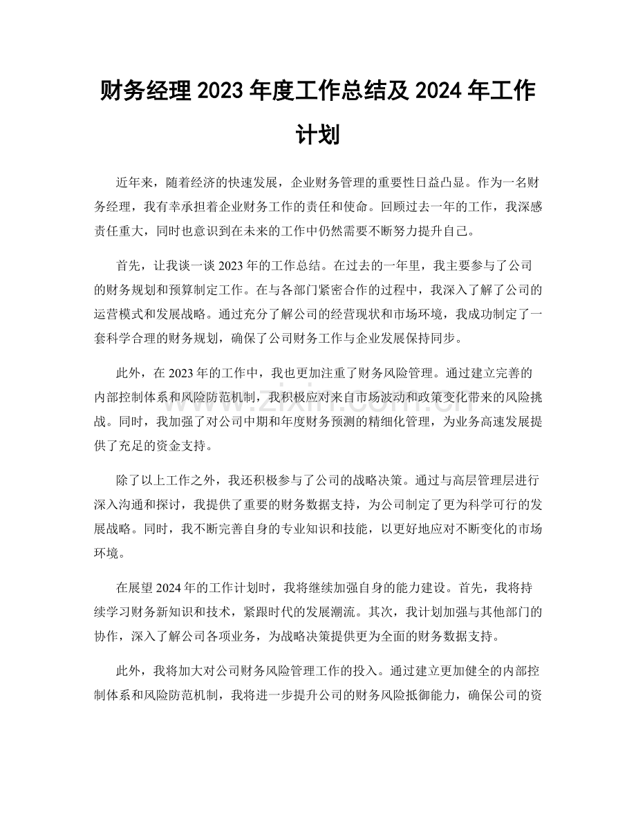 财务经理2023年度工作总结及2024年工作计划.docx_第1页