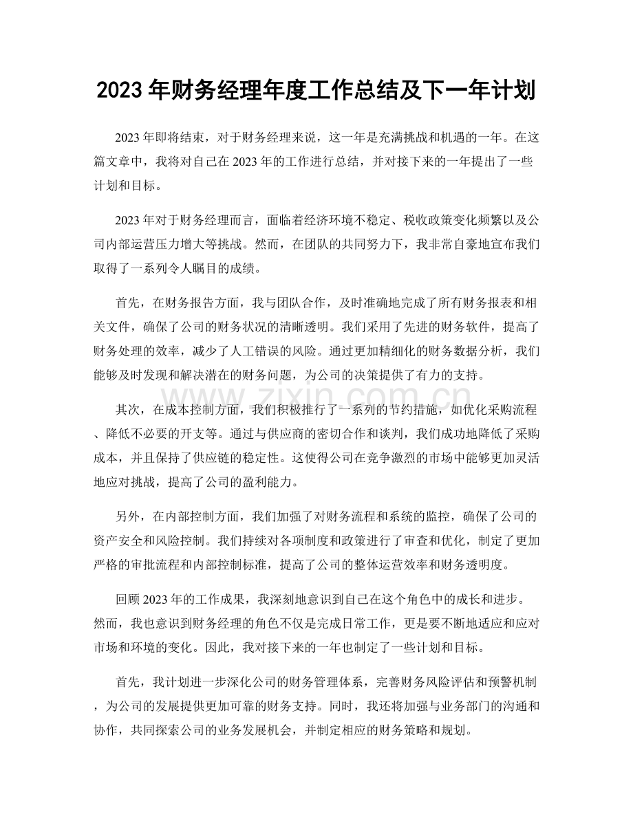 2023年财务经理年度工作总结及下一年计划.docx_第1页