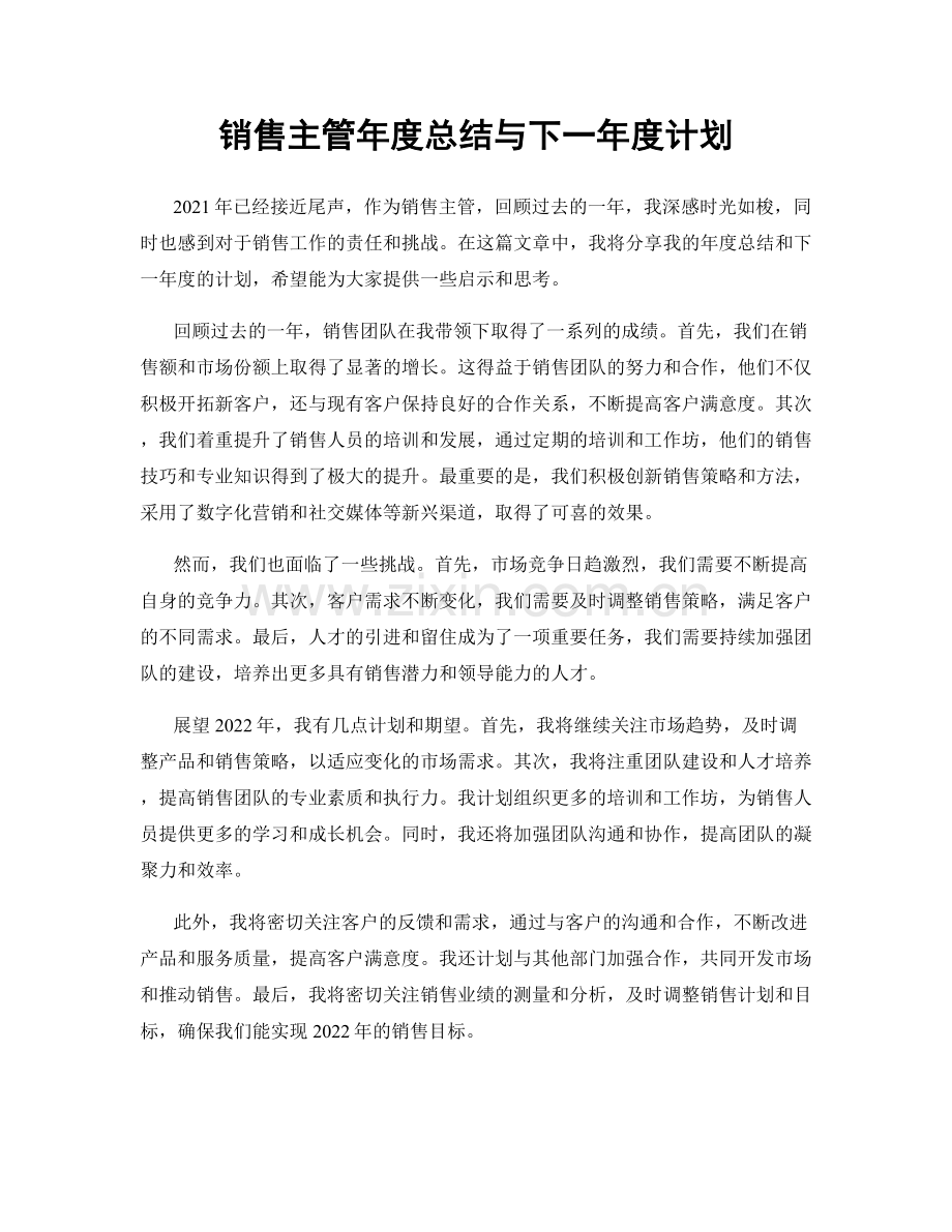 销售主管年度总结与下一年度计划.docx_第1页