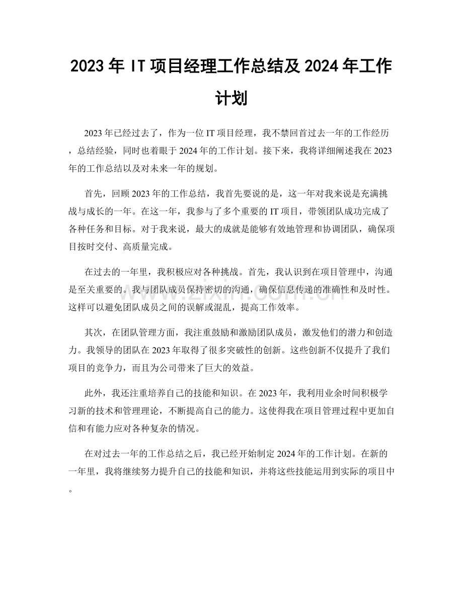 2023年IT项目经理工作总结及2024年工作计划.docx_第1页