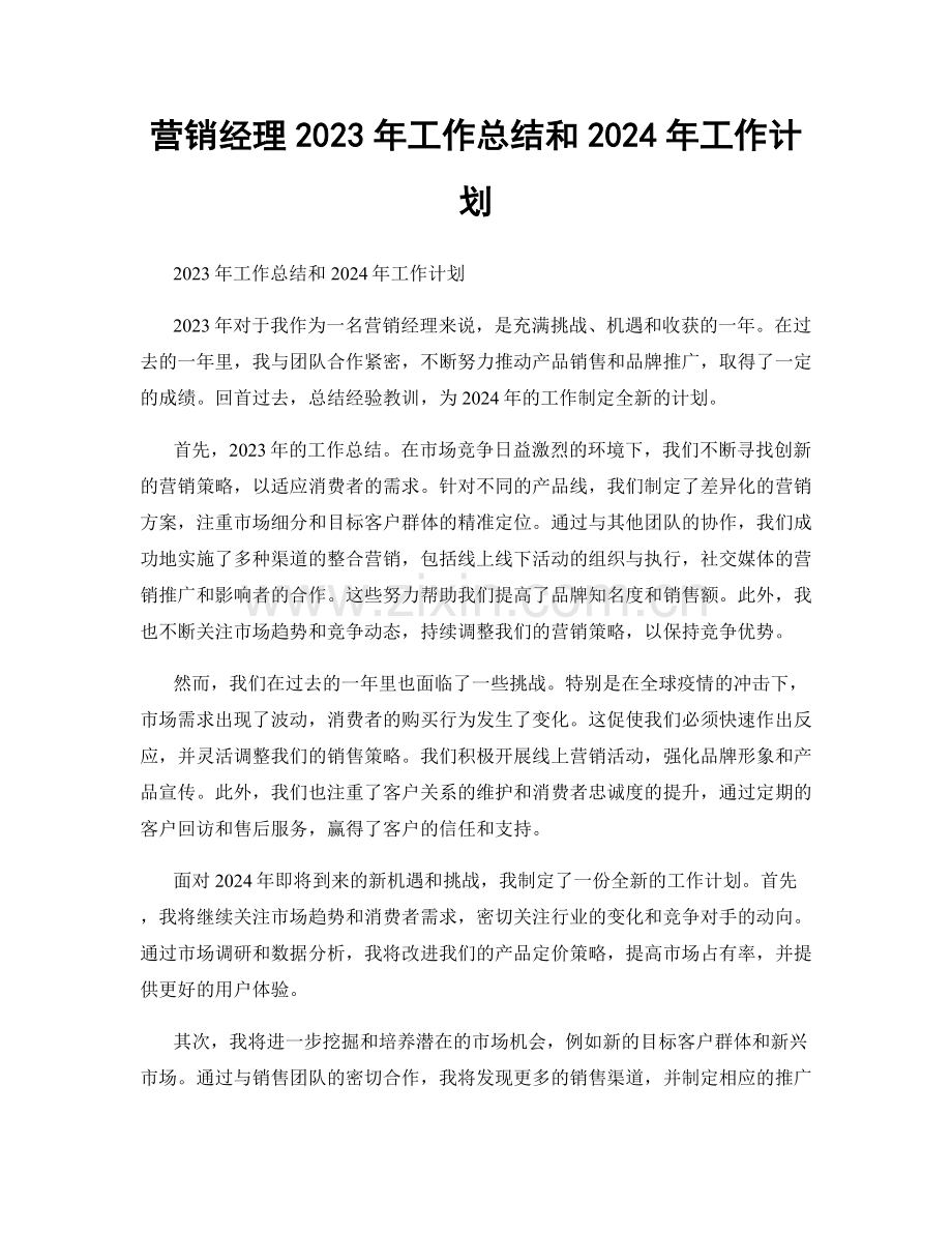 营销经理2023年工作总结和2024年工作计划.docx_第1页